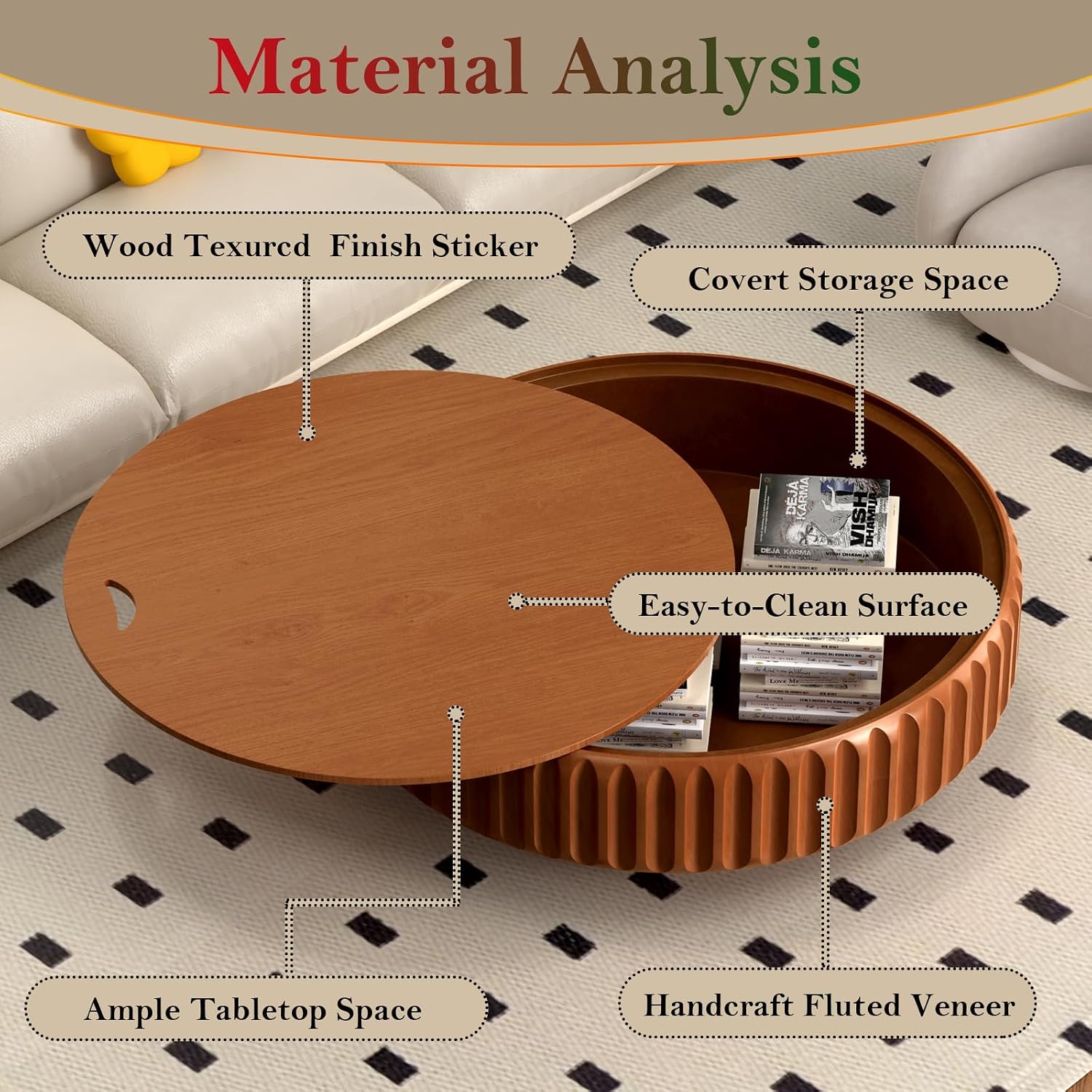 Chic Drum Coffee Table with Storage 39.37' Rustic Round Center Table - Handcraft Fluted Veneer Easy Assemble for Living Room Apartment (C 39.37in)
