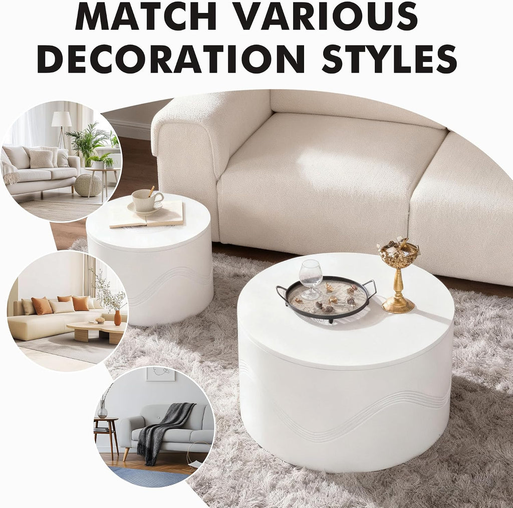 Round Nesting Coffee Table Set of 2, White Modern Coffee Table with Hidden Storage, Circle Coffee Tables for Living Room, No-Assembly Space-Saving Center Table End Side Table for Home Office