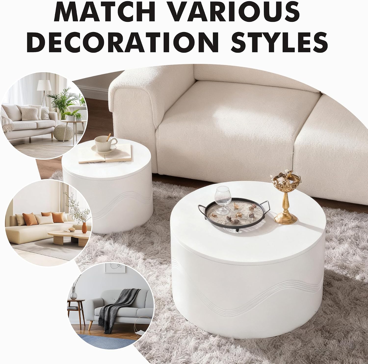 Round Nesting Coffee Table Set of 2, White Modern Coffee Table with Hidden Storage, Circle Coffee Tables for Living Room, No-Assembly Space-Saving Center Table End Side Table for Home Office