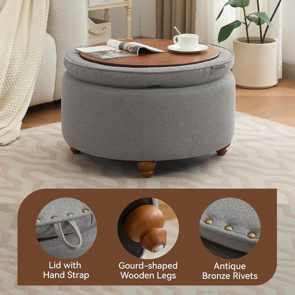 WUTUTUEE 30Inch Round Storage Ottoman with Tray, Modern Tufted Fabric Circle Coffee Table with Storage, Upholstered Ottoman with Removable Top for Living Room, Bedroom, Light Grey