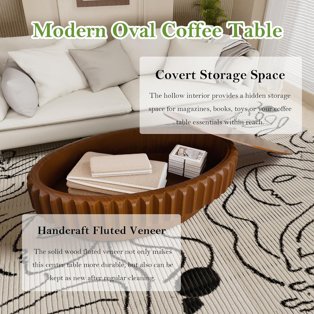 43.3' Oval Drum Coffee Table with Storage Rustic Chic Fluted Center Table - Handcraft Solid Wood Veneer Edge for Living Room Farmhouse (B 43.3in)