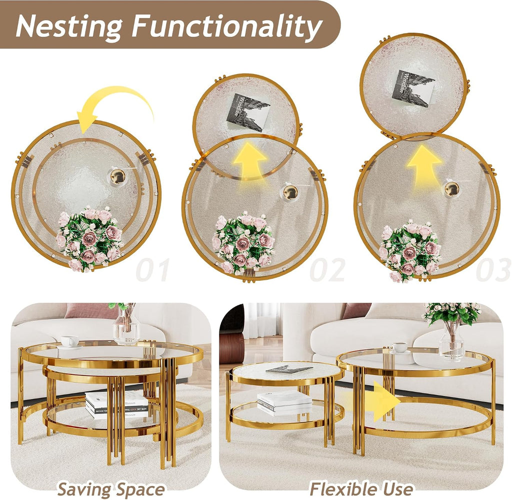 Merax 2-Piece Nesting Round Coffee Table Set, Gold Finish Metal Frame with Textured Tempered Glass Tops, Modern Stylish Accent & Side Table for Living Room, Bedroom, Apartment, Office, Transparent