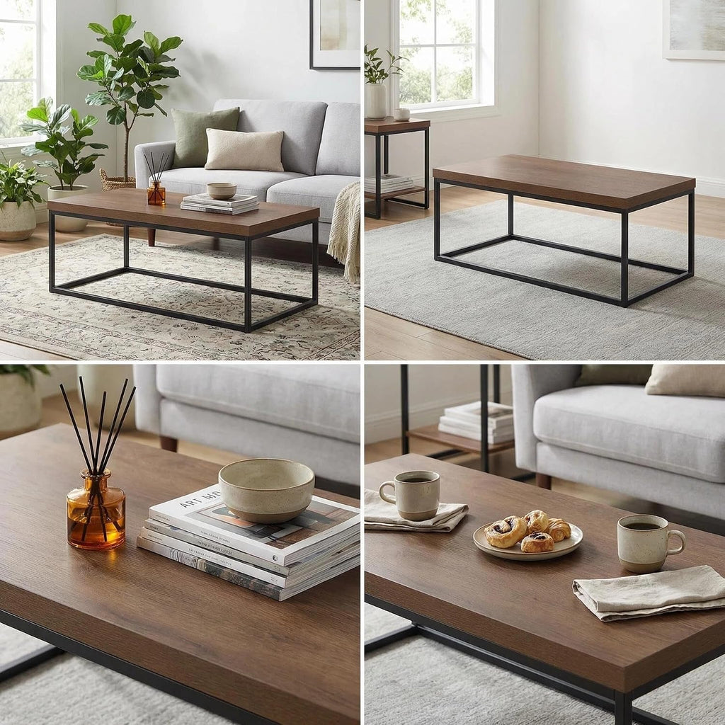 CENSI 47-Inch Dark Walnut Coffee Table for Living Room, Modern Industrial, Rectangular Wood and Metal Center Table with Extra Thick Tabletop (Dark Brown)