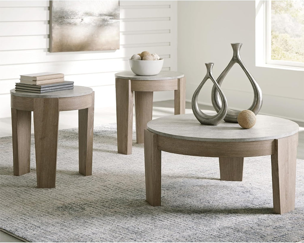 Signature Design by Ashley Guystone Casual Table Set with Faux Cement Melamine Tabletop, Set of 3, Light Brown & Light Gray