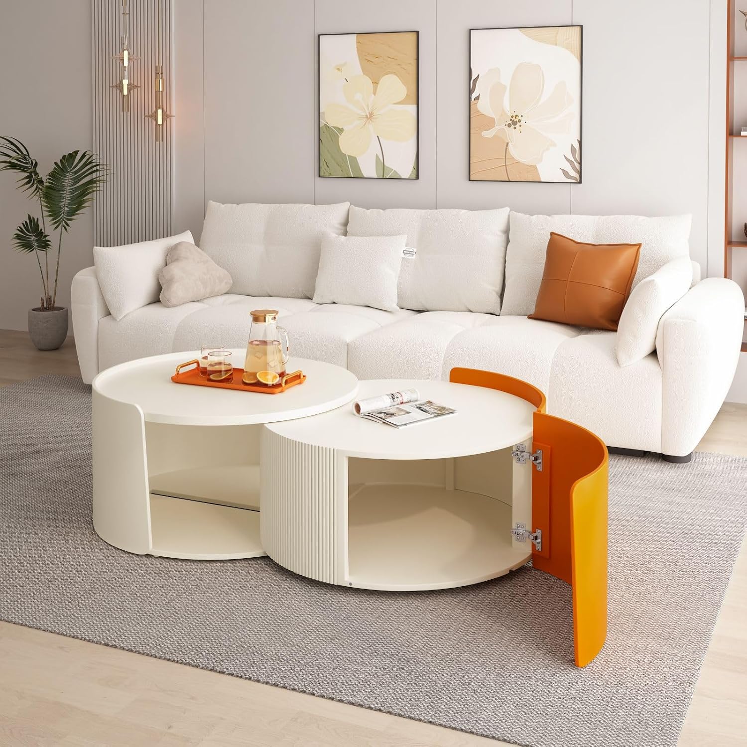 KEVINSPACE Round Coffee Table Mid Century Modern Coffee Table Pull Out Design Farmhouse Coffee Table with Storage Cocktail Table for Living Room Patio Office Abstract End Tables White