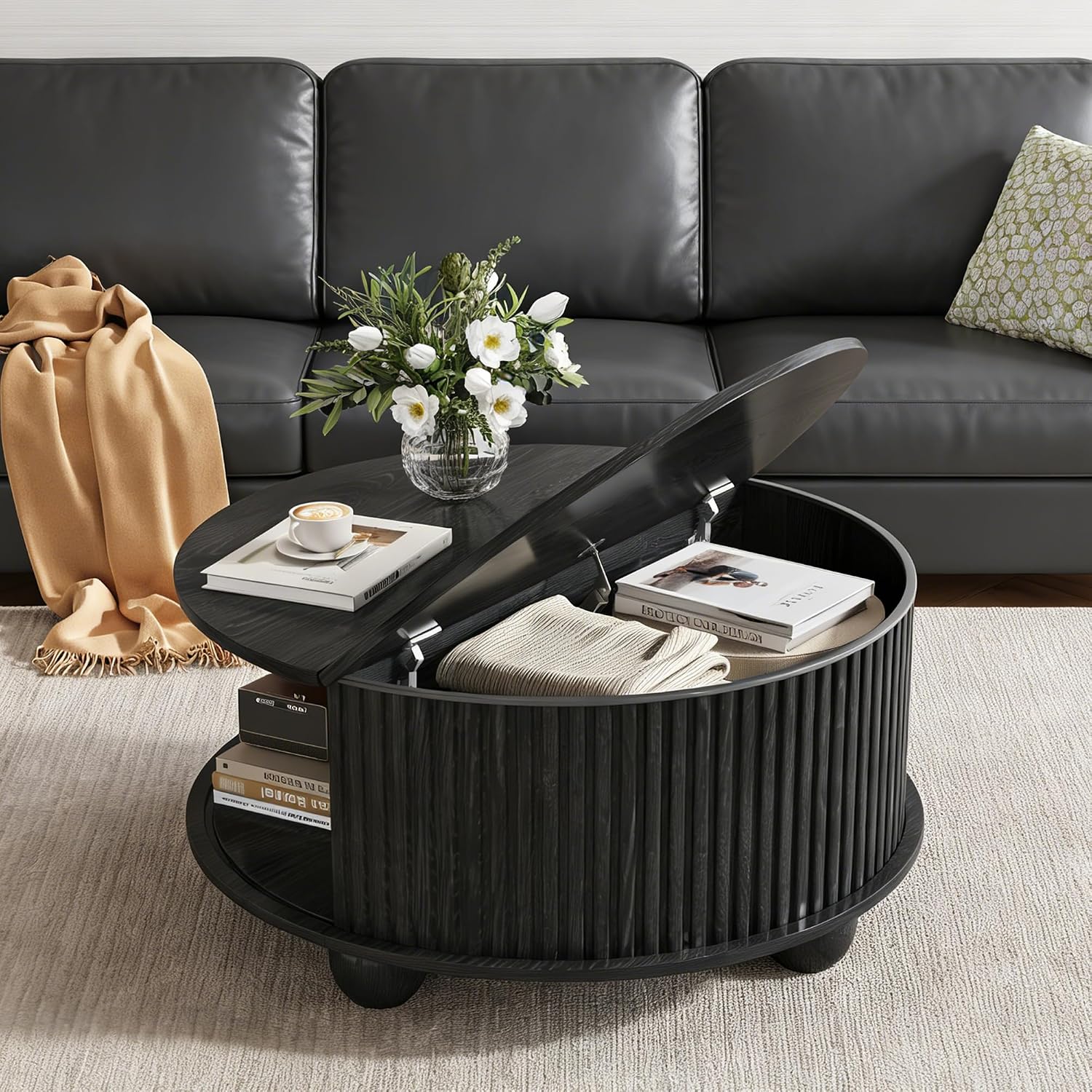 Round Coffee Table with Storage, Fluted Center Table with Sliding Tambour Door and Open Shelves, Mid Century Small Coffee Table for Living Room, Small Space, Black