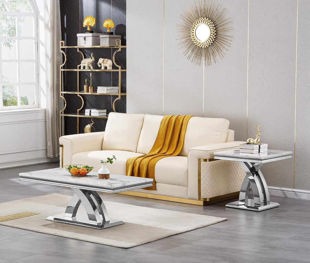 3 Pieces Coffee Table Set, Faux Marble Living Room Table Set of 3, Modern Coffee Table and 2 End Tables with X-Shaped Stainless Steel Base for Living Room (White Silver)