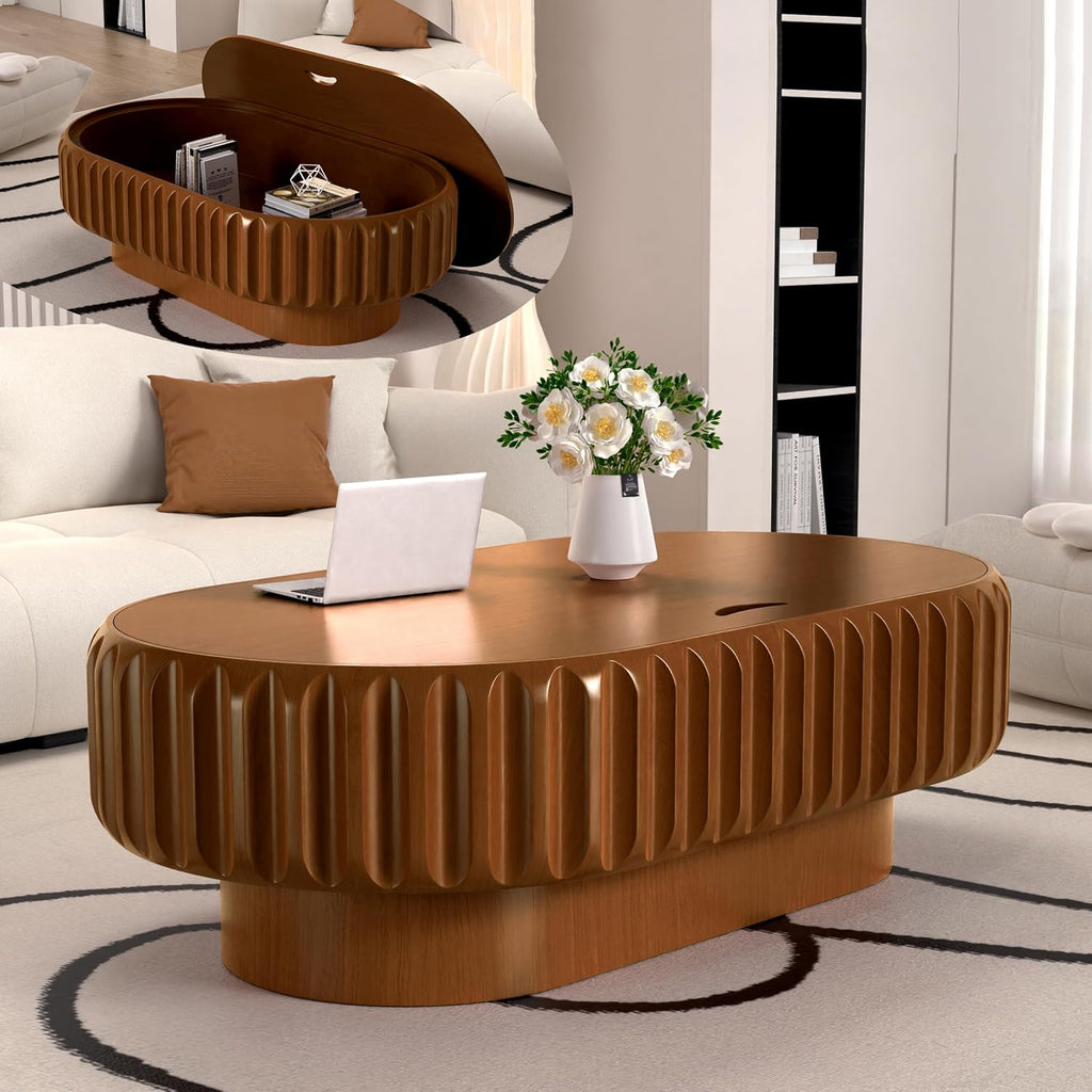 43.3' Oval Drum Coffee Table with Storage Rustic Chic Fluted Center Table - Handcraft Solid Wood Veneer Edge for Living Room Farmhouse (C 43.3in)