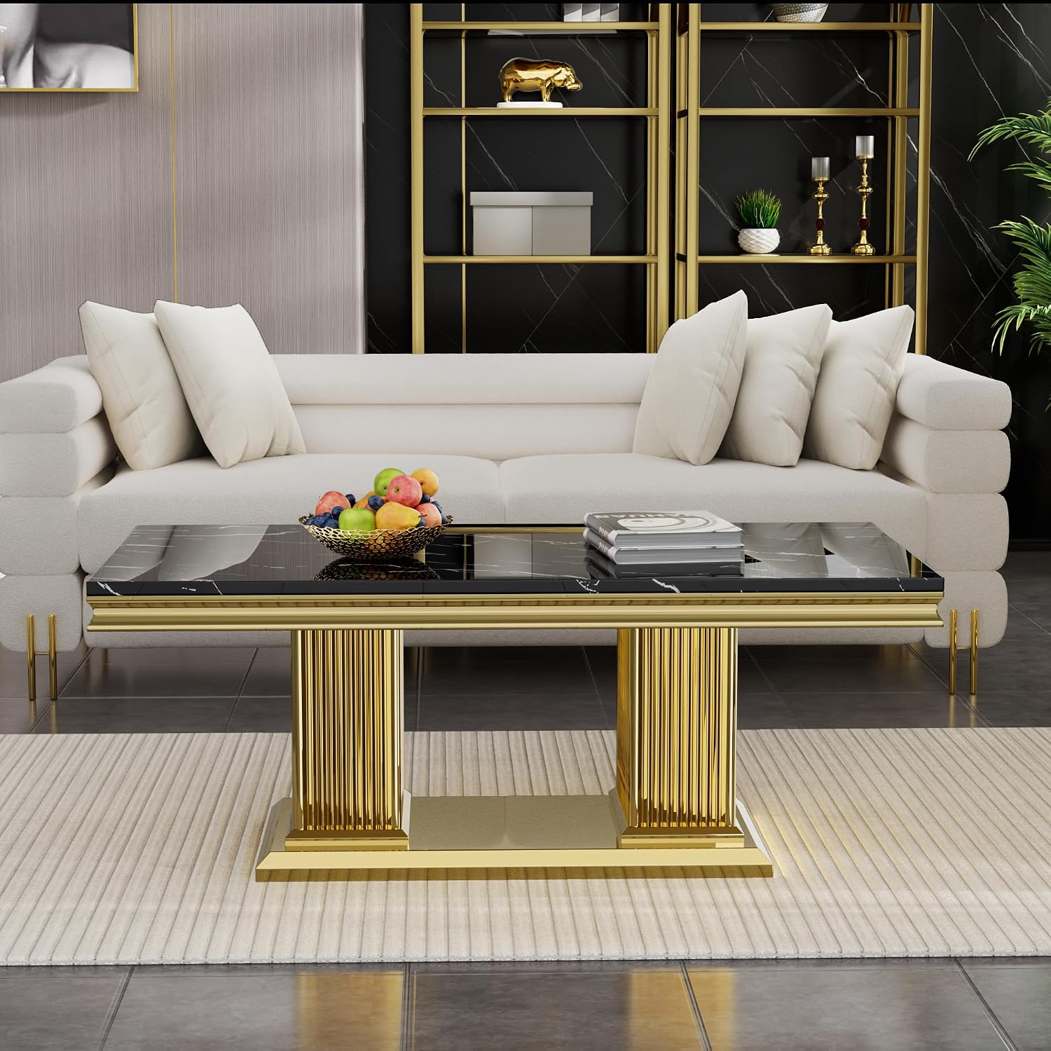 3 Pieces Living Room Table Set, Faux Marble Coffee Table Set of 3, Modern Coffee Table and 2 End Tables with Column-Shaped Stainless Steel Base for Living Room Office Black Gold