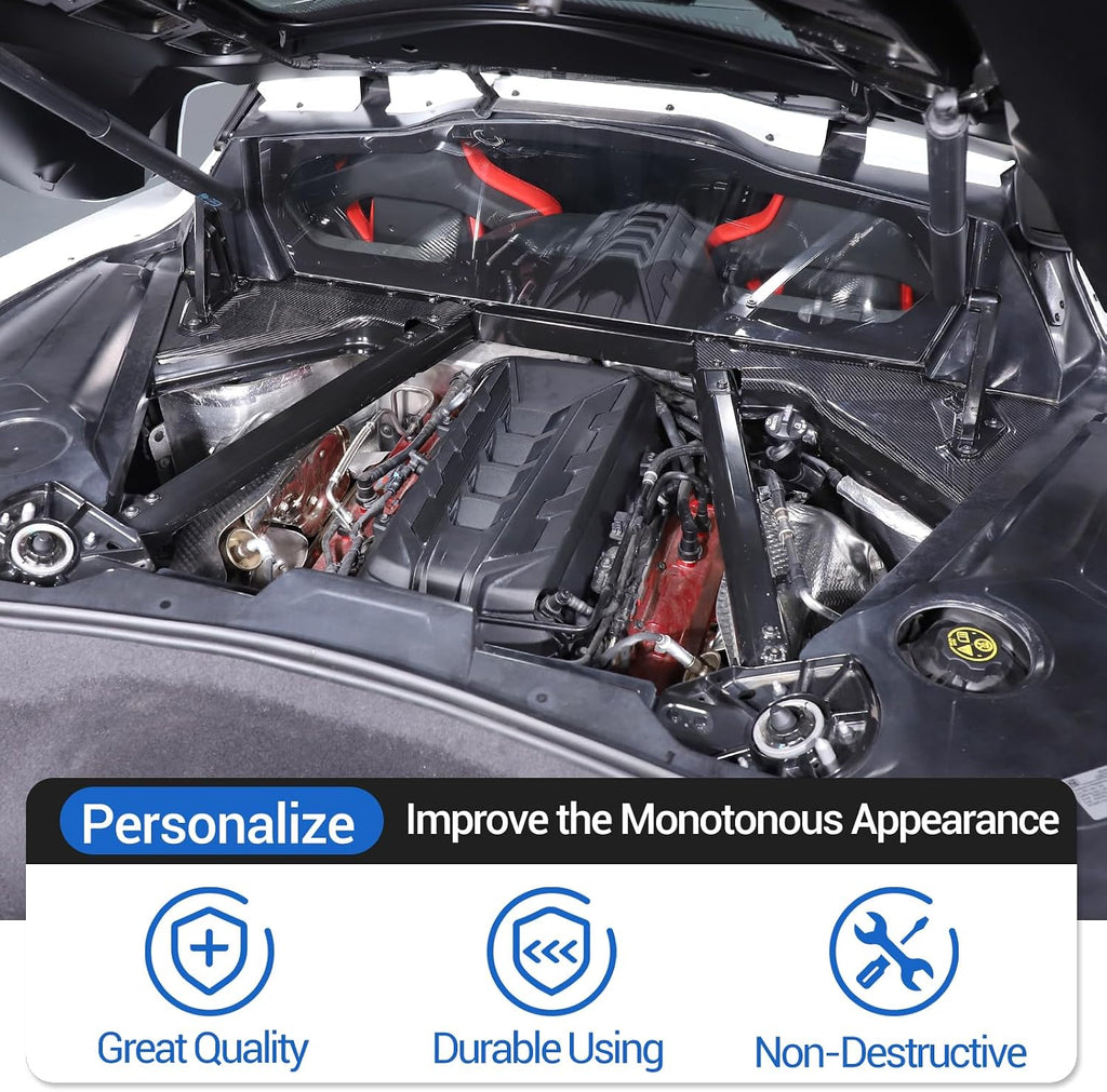 Real Carbon Fiber Engine Bay Panel Cover Compatible with Chevrolet Corvette C8 2020-2026, Front Hood Lift Supports Shock Struts Base Trim Cover Accessories 2Pcs (Black)