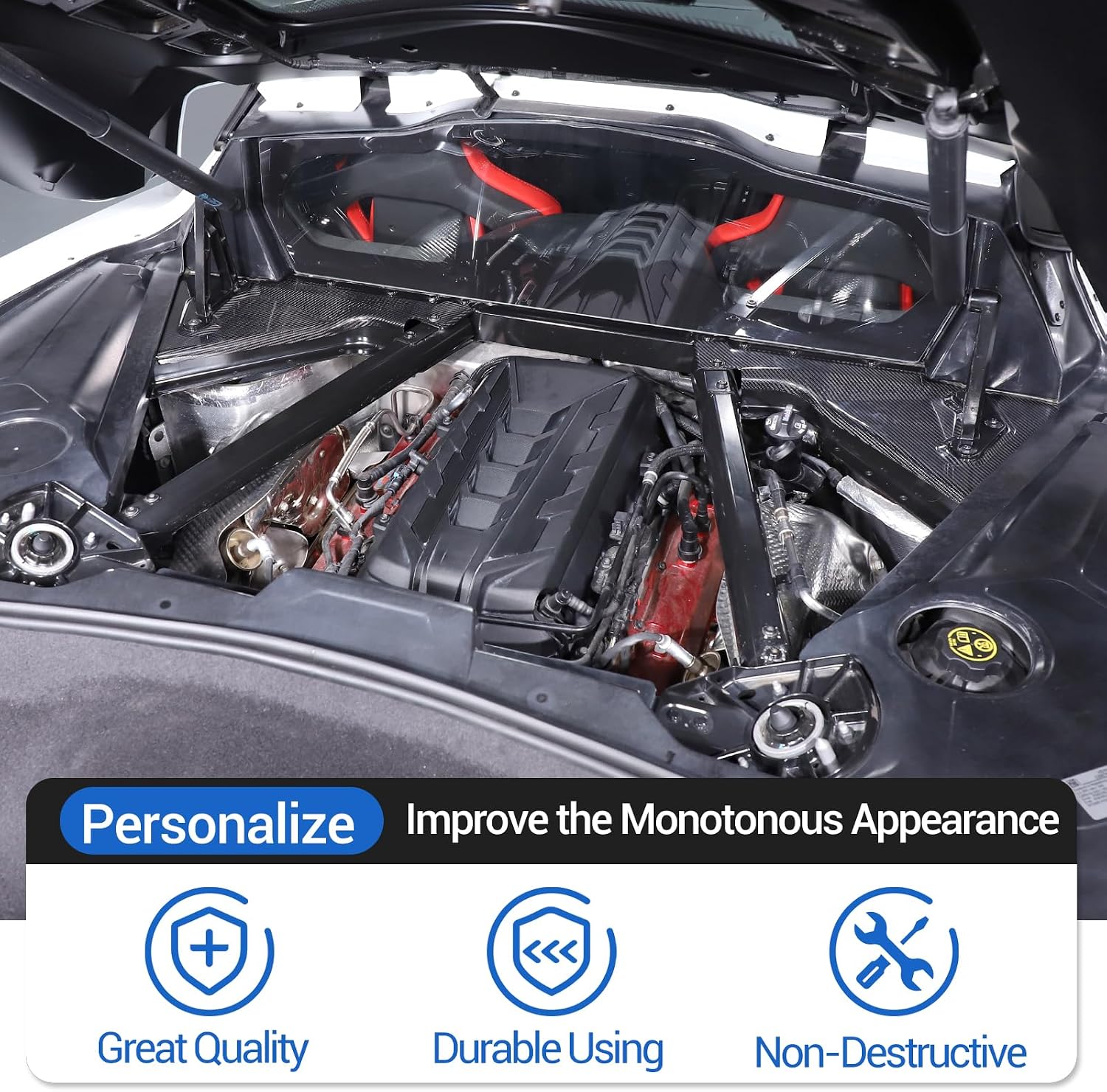 Real Carbon Fiber Engine Bay Panel Cover Compatible with Chevrolet Corvette C8 2020-2026, Front Hood Lift Supports Shock Struts Base Trim Cover Accessories 2Pcs (Black)