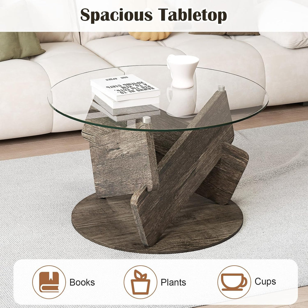 Giantex Glass Round Coffee Table, 32 Inch Modern Center Table with Clear Tempered Glass Top, Solid Wood Legs, Farmhouse Living Room Tables for Small Space, Apartment, Grey Oak