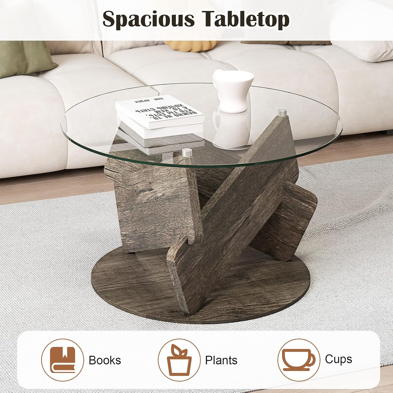 Giantex Glass Round Coffee Table, 32 Inch Modern Center Table with Clear Tempered Glass Top, Solid Wood Legs, Farmhouse Living Room Tables for Small Space, Apartment, Grey Oak