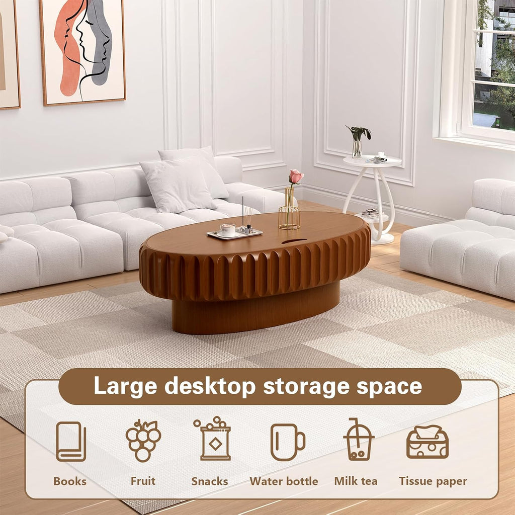 Round Drum Coffee Table White Fluted Coffee Table Circle Center Table Pedestal End Table for Apartment (Oval 43.3in)