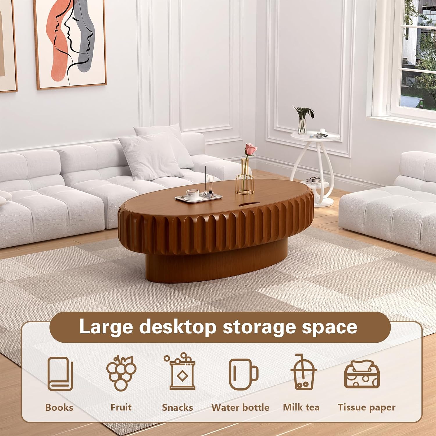 Round Drum Coffee Table White Fluted Coffee Table Circle Center Table Pedestal End Table for Apartment (Oval 43.3in)