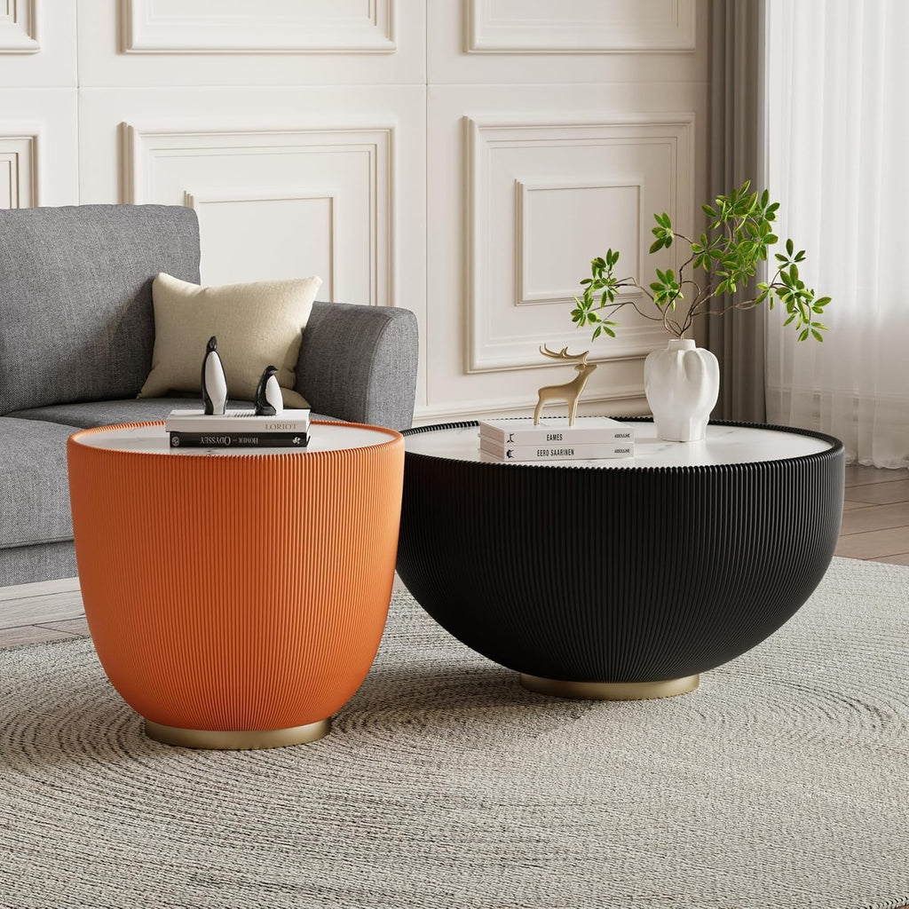 Round Coffee Table Set of 2, Sintered Stone Black Coffee Table with Orange End Table, Nesting Tables for Living Room, Accent Side Table for Apartment Home Office, No Need Assembly