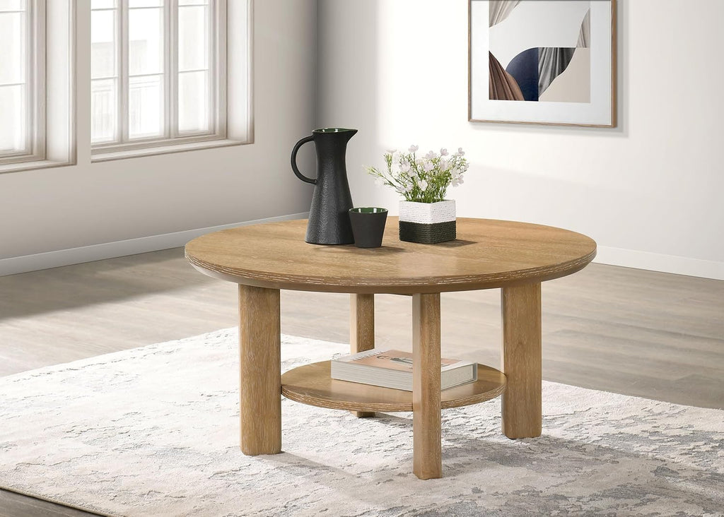 Coaster Home Furnishings - Ottowa - Wood - Round Coffee Table with Open Shelf, Sculpted Legs and Transitional Style - Living Room - Light Oak - 706298