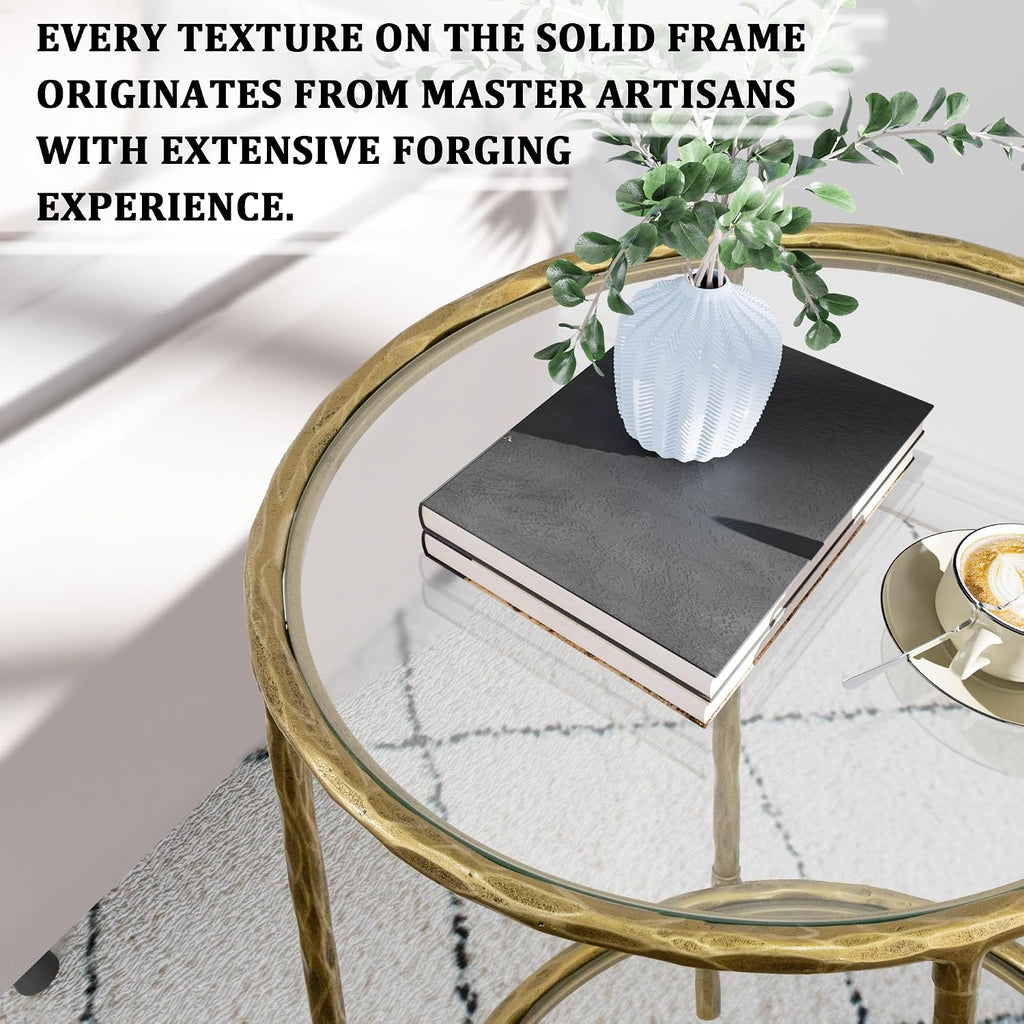 BEGINS Hand Forged Side Table 2 Tier, Vintage End Table Glass Top Coffee Table, Accent Table with Solid Hammered Frame, Suitable for Living Room, Bedroom, Study Room, Entryway (Gold, Circle)