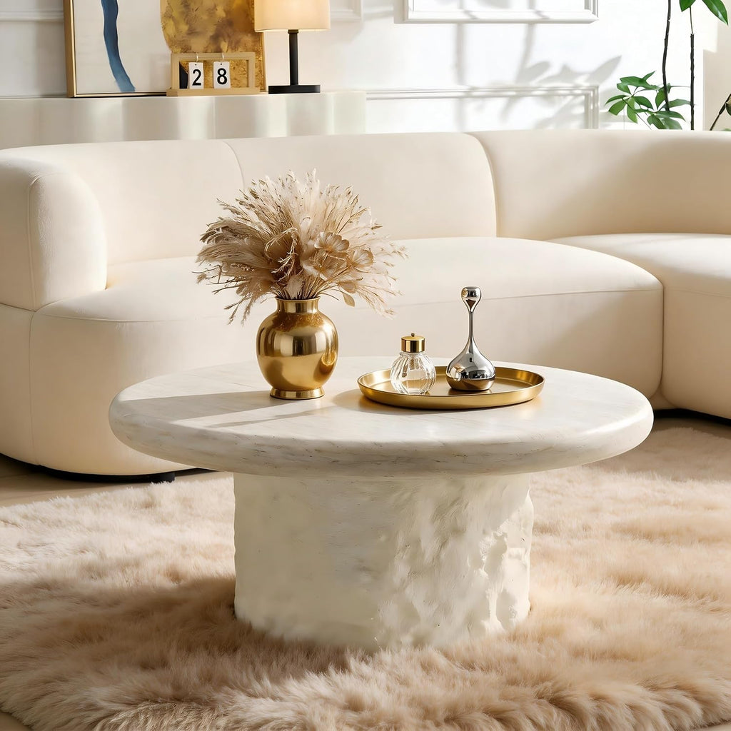Set of 2 Round Coffee Tables for Living Room, 35.04' W x 14.96' H Faux Mars Circle Drum Pattern Modern Minimalist 15.75' W x17.72 Side Tables Accent End Table for Apartment, Office, Beige