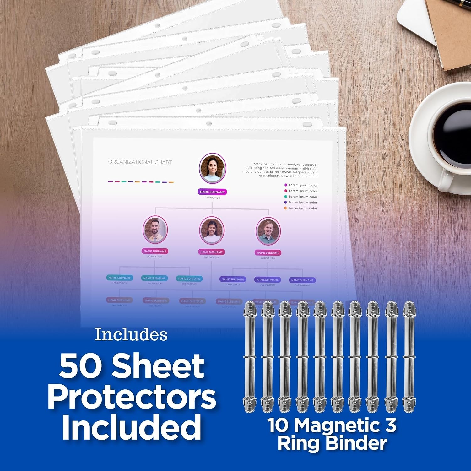 10 Pack Magnetic 3 Ring Binder Mechanism for Hanging, 1 Inch D-Ring Holds 225 Sheets, Heavy Duty for 8.5x11 Paper - Ring Binder Depot - 50 Sheet Protectors, 5S Organization