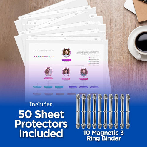 10 Pack Magnetic 3 Ring Binder Mechanism for Hanging, 1 Inch D-Ring Holds 225 Sheets, Heavy Duty for 8.5x11 Paper - Ring Binder Depot - 50 Sheet Protectors, 5S Organization