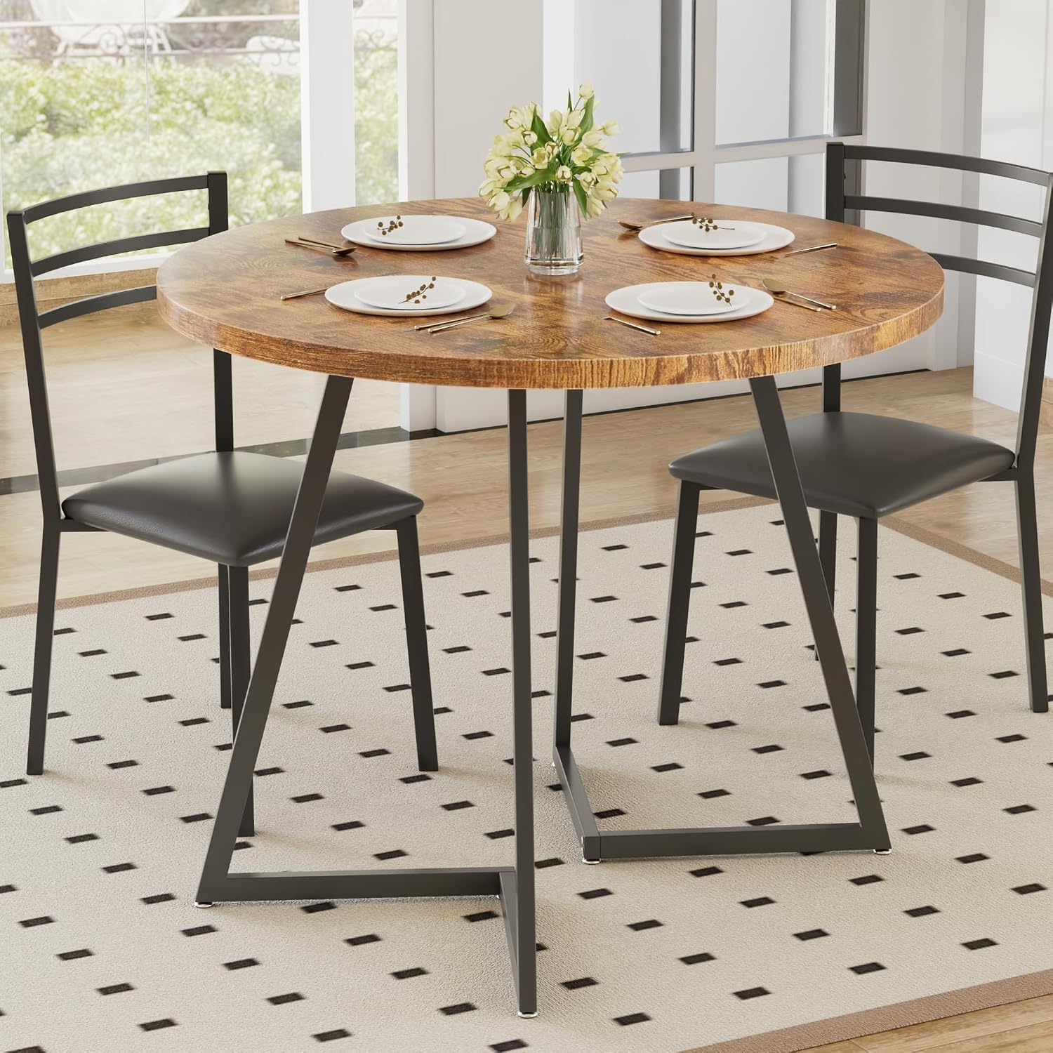 VECELO Round Dining Table Set for 4, Wood Tabletop & Heavy-Duty Steel Frame, 6-Piece Dinette with Chairs for Kitchen, Breakfast Nook, Antique Brown & Black
