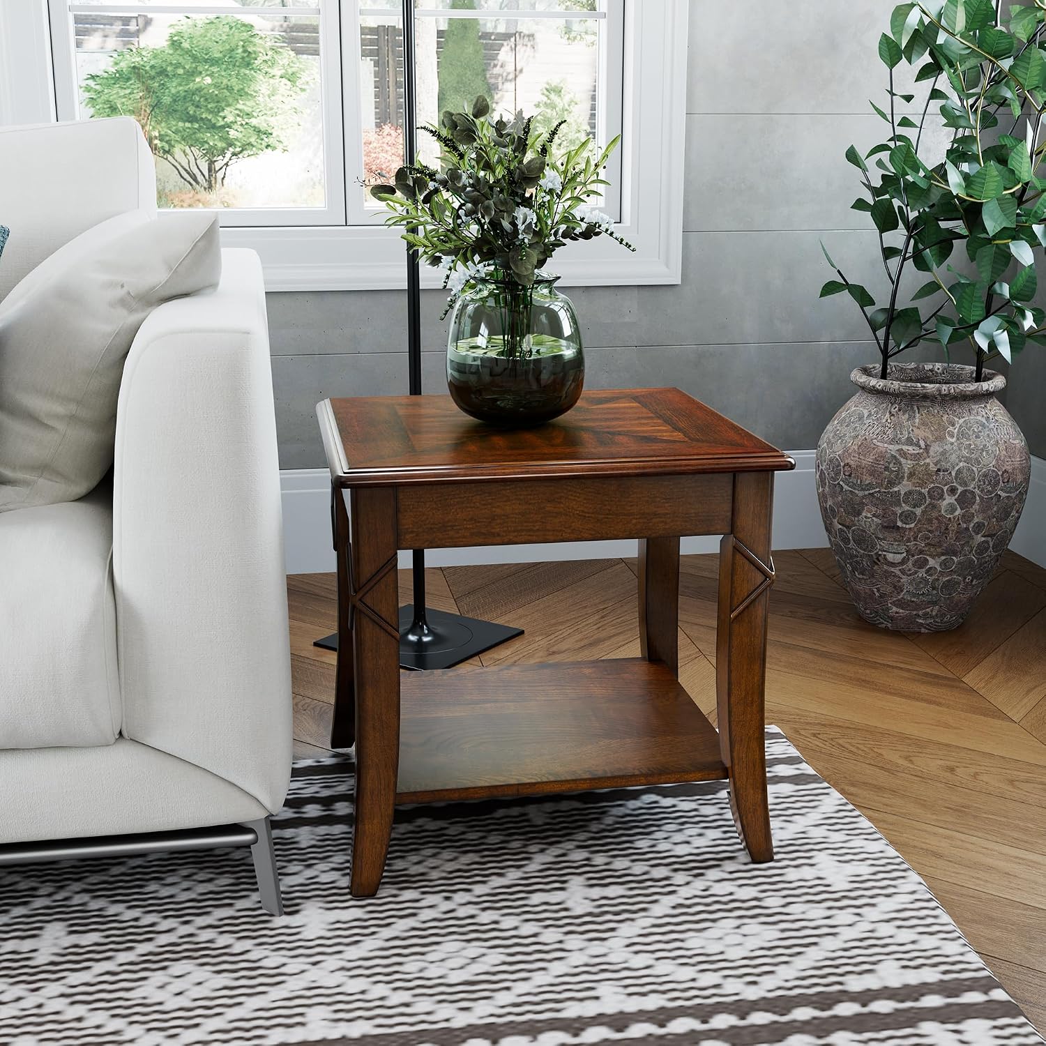 Mid-Century Modern Coffee Table Set of 3, 3-Piece Solid Wood Living Room Table Set, Coffee Table with 2 Square End Side Tables, Cherry Walnut Home Furniture for Apartment KFZ-DR200-3