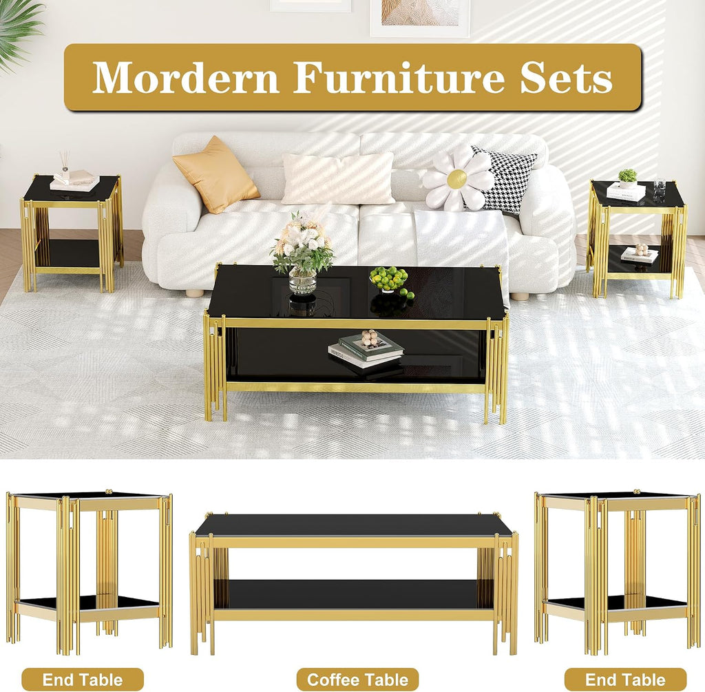 AF ARTISAN FURNITURE 2-Tier Glass End Table Modern Square Living Room Table Sofa Side Table, Stainless Steel Metal Leg Tempered Glass Small Corner Table, Black&Gold