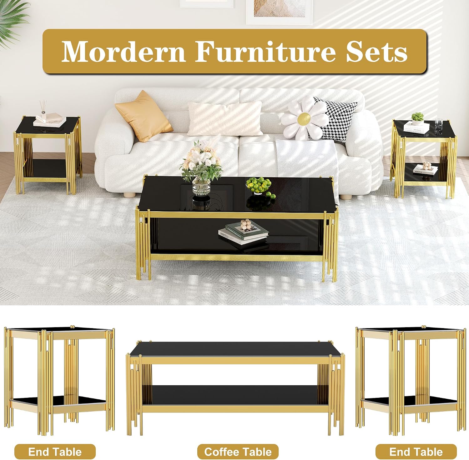 AF ARTISAN FURNITURE 2-Tier Glass End Table Modern Square Living Room Table Sofa Side Table, Stainless Steel Metal Leg Tempered Glass Small Corner Table, Black&Gold