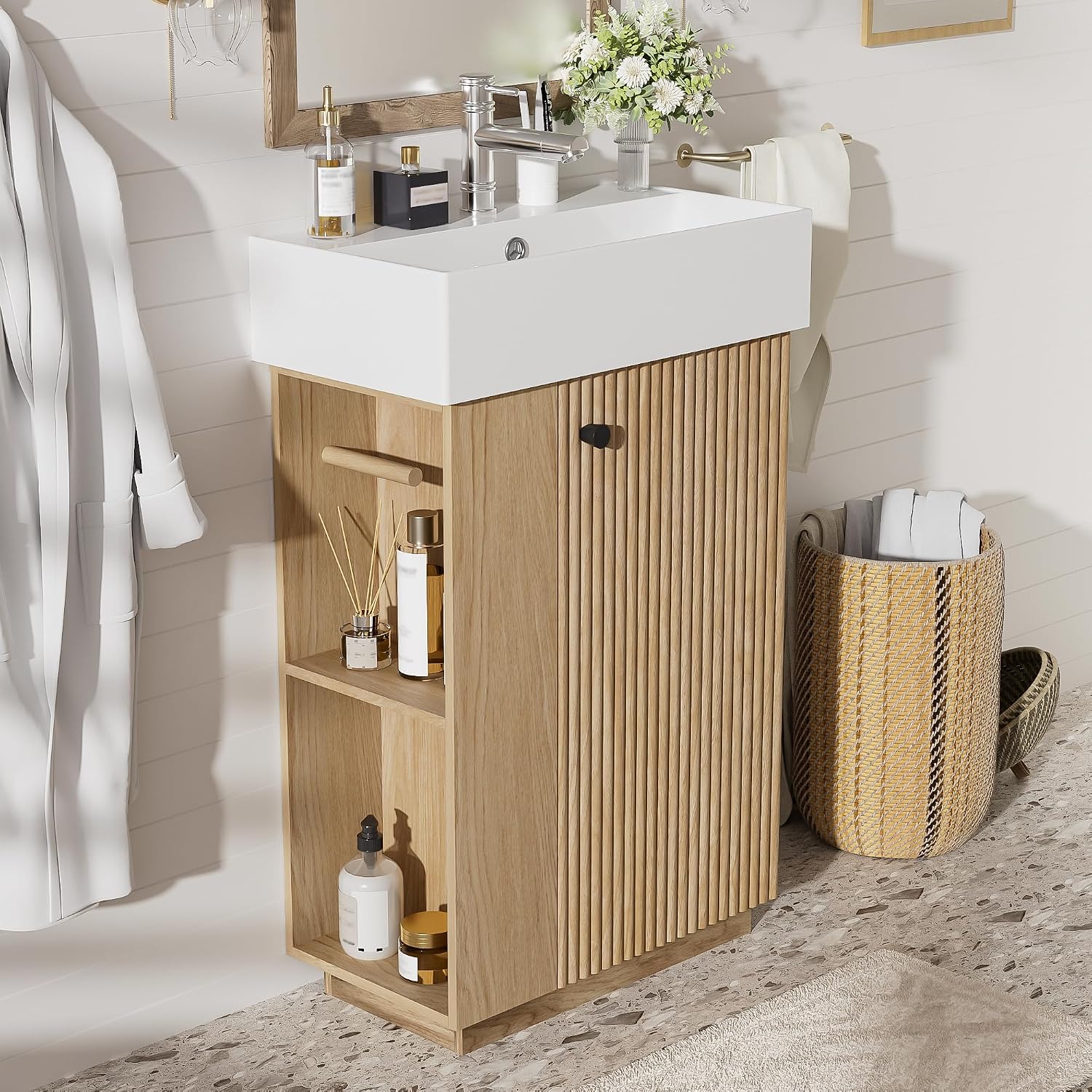 Space-Saving 21.6' Bathroom Vanity with Sleek Ceramic Sink, Freestanding Right Door MDF Cabinet - Perfect for Compact Bathrooms!