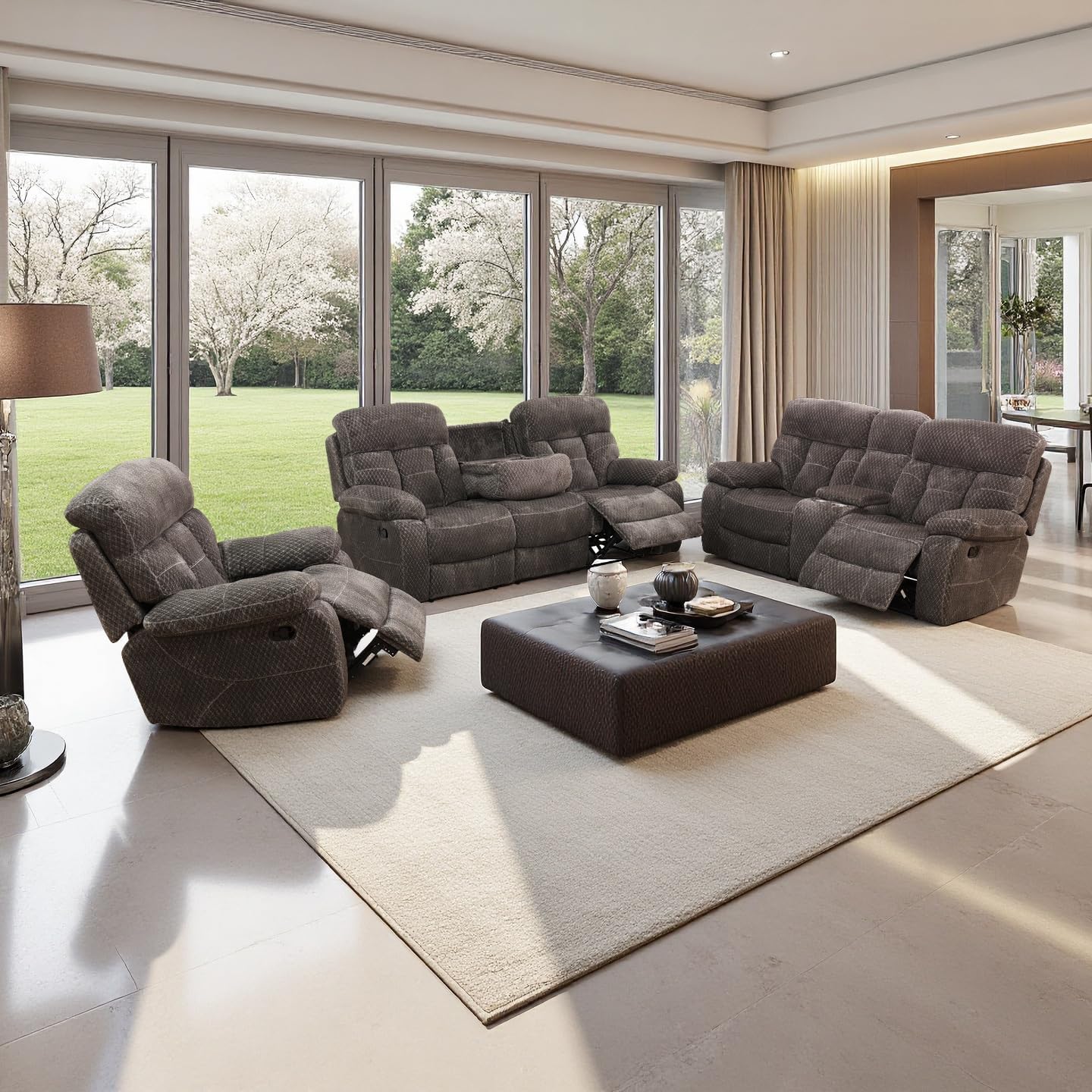 Fabric Recliner Sofa Set with Cup Holder, 3 Pieces Living Room Furniture Sets, Manual Reclining Sofa Set with Storage, Modern Reclining Couches for Living Room/Office