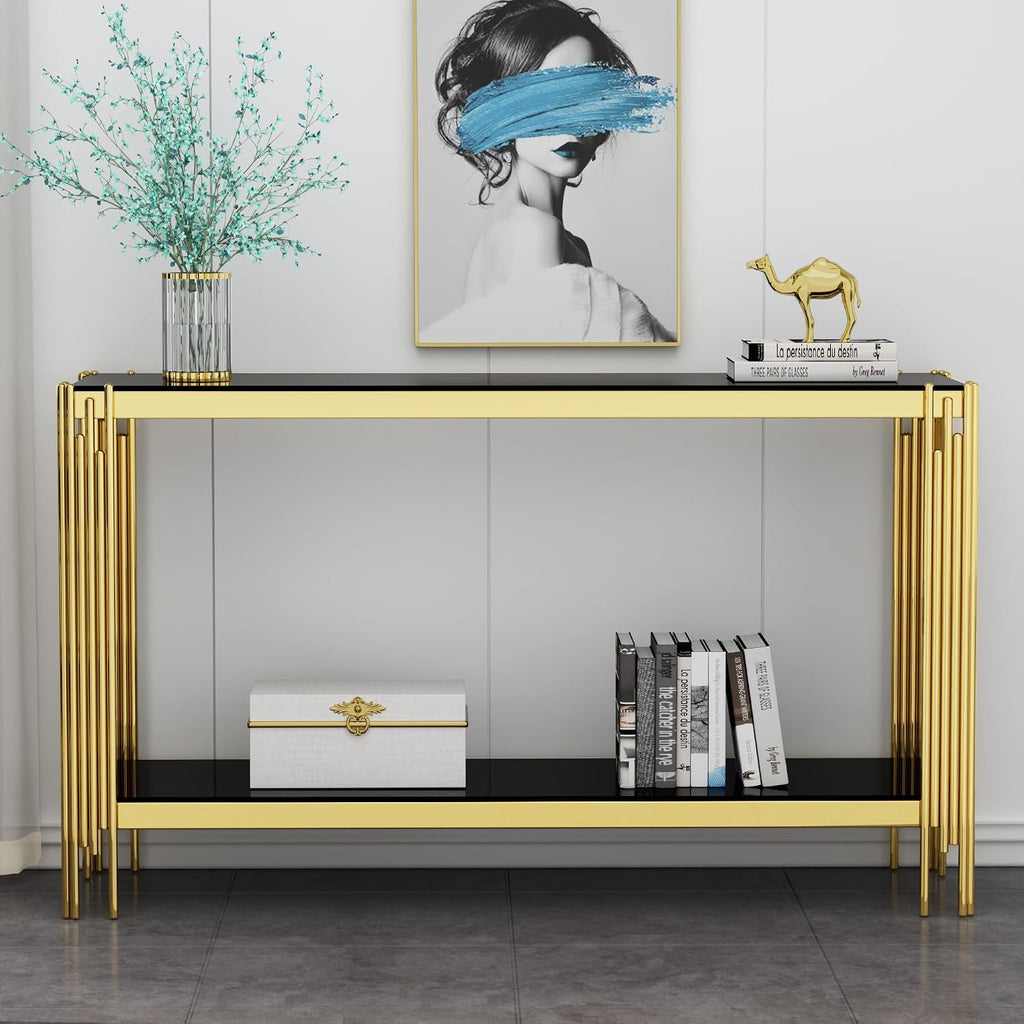 Modern Black Glass Console Table, Luxury 55' Rectangular Sofa Table with Gold Stainless Steel Frame, 2-Tier Console Entryway Table with Storage for Living Room Entrance Hallway