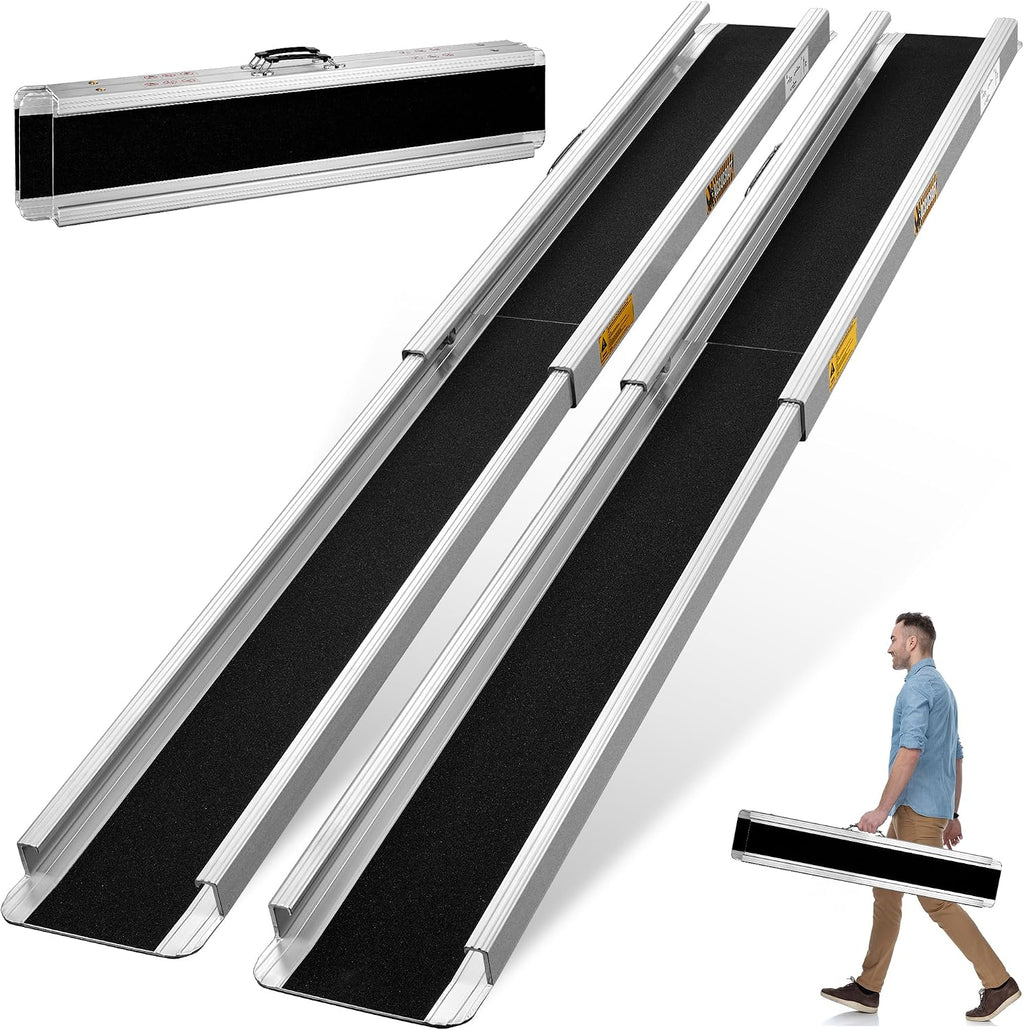 Upgrade 7FT Portable Wheelchair Ramp 2 Pack, 1200 LBS Heavy Duty Load Capacity, Adjustable Aluminum Threshold Ramp with Handle, Non-Slip Handicap Ramp for Home Steps, Doorways, Curbs, Stairs, Vehicles