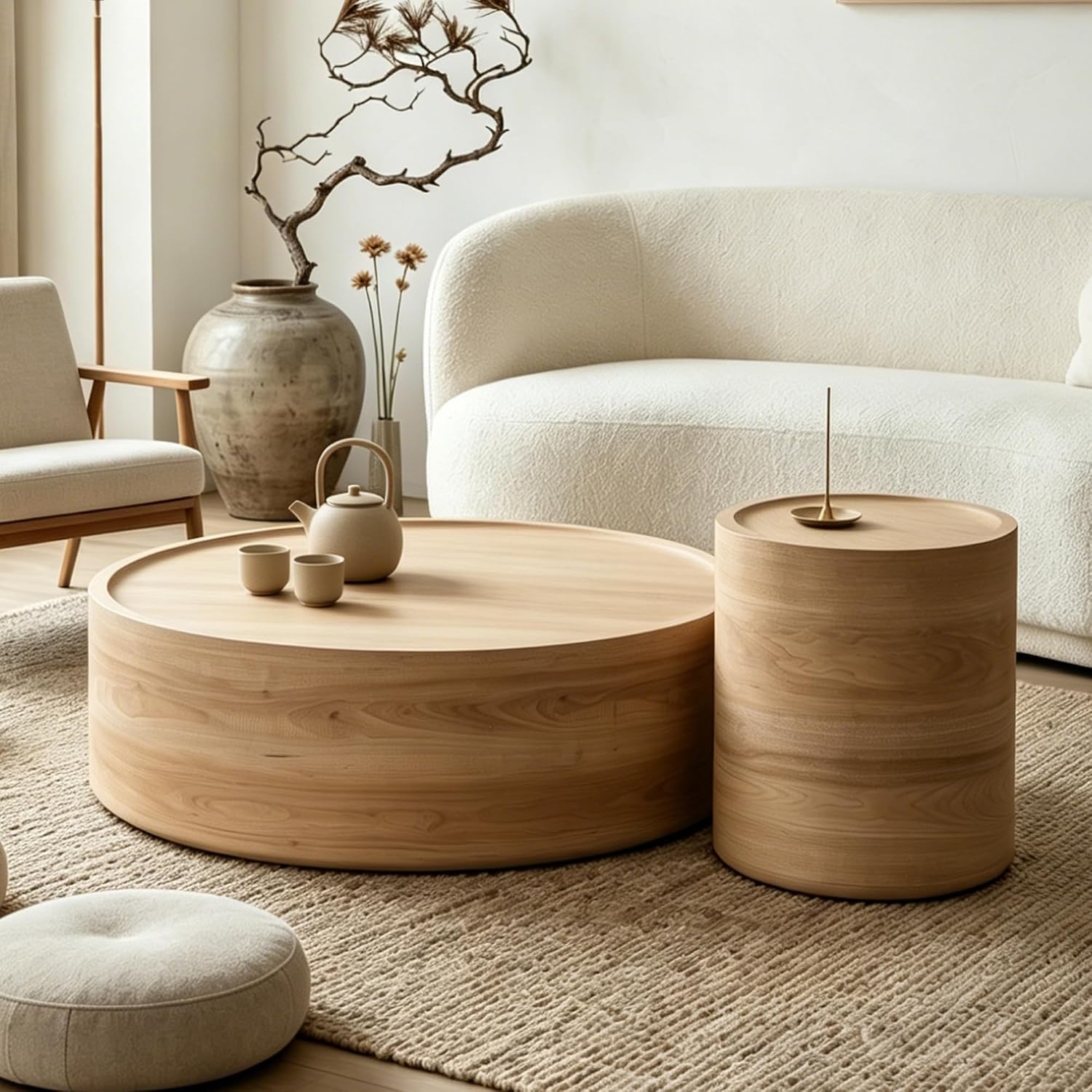 Modern Drum Coffee Table Natural Wood Color Coffee Tables Round Center Table for Living Room Home Office,39.3'- Fully Assembled