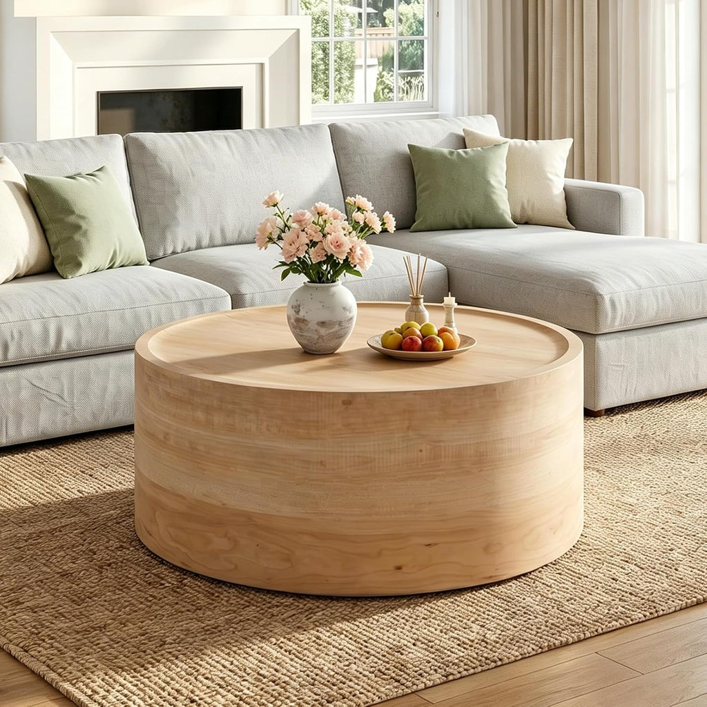 Modern Drum Coffee Table Natural Wood Color Coffee Tables Round Center Table for Living Room Home Office,31.5'- Fully Assembled