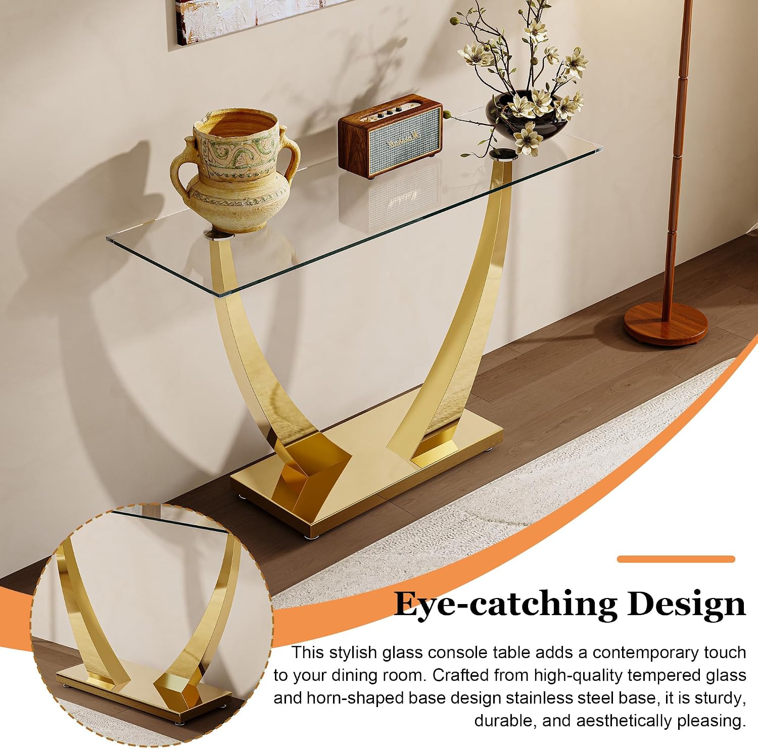 47' Glass Console Table, Modern Rectangular Sofa Table with Tempered Glass Top and Gold Horn-Shaped Stainless Steel Base for Living Room, Entryway, Hallway