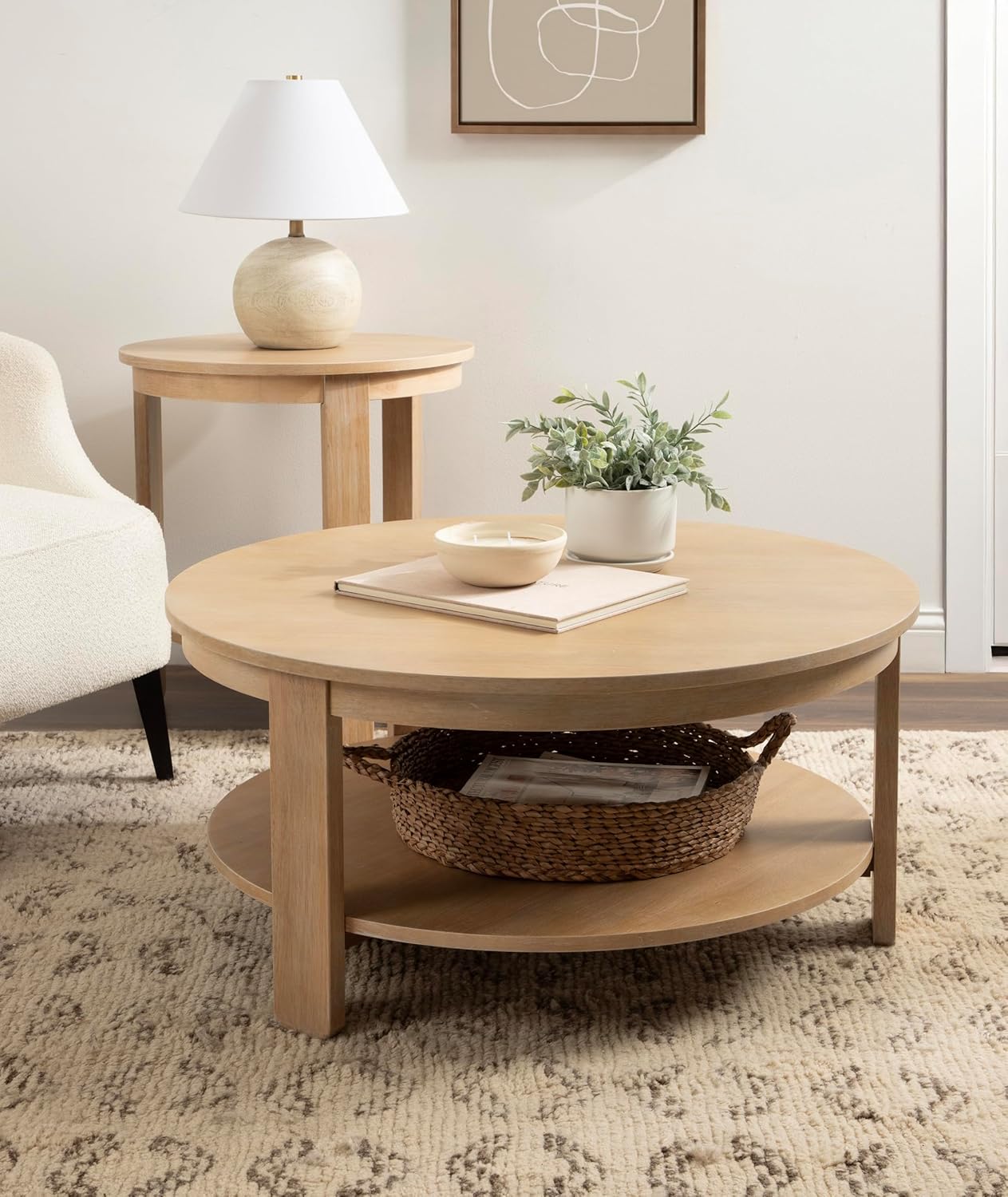 Kate and Laurel Foxford Tiered Round Coffee Table, 34 x 34 x 17, Light Natural, Transitional Two-Tier Circle Living Room Table with Storage and Resilient Wood Construction