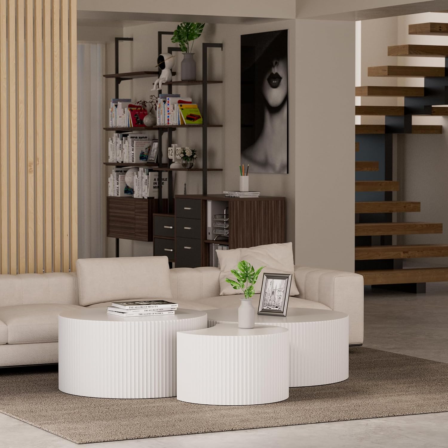 JUSTONE Set of 3 White Round Coffee Table Set Side Table End Table for Living Room, Drum Round 3 Peice Nesting Coffee Modern Coffee Table for Apartment Office,No Assembly (3PCS,White)