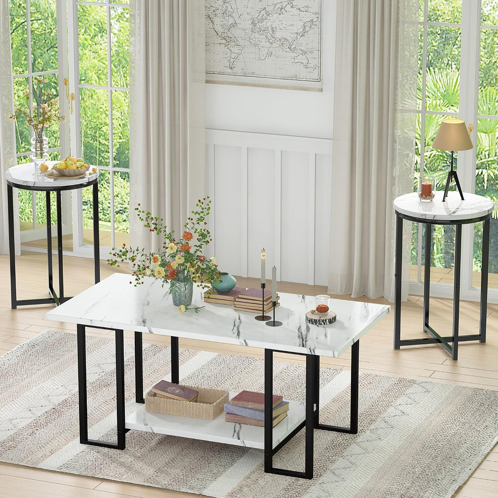 AWQM Coffee Table Set of 3, Faux Marble Coffee Table with 2 Round End Side Tables, Modern Living Room Table Set with Metal Frame for Apartment Home Office，White&Black