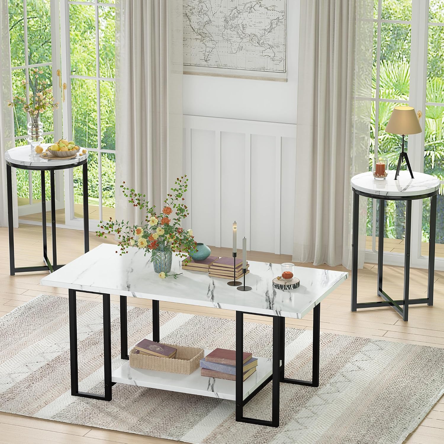 AWQM Coffee Table Set of 3, Faux Marble Coffee Table with 2 Round End Side Tables, Modern Living Room Table Set with Metal Frame for Apartment Home Office，White&Black