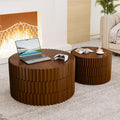 Round Nesting Tables - Handcraft Relief Veneered Walnut Fluted Circular Coffee Table Set of 2 with Non-Slip Bottom Pads for Living Room Balcony Bedroom Study (B 26.8+19.7in)