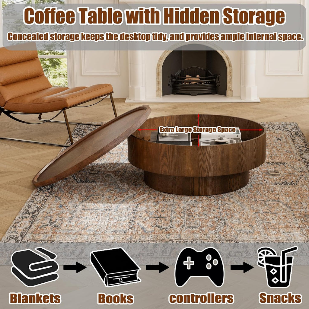 30.7'' Round Storage Coffee Table, Modern Drum Coffee Tables with Solid Wood Veneer, Wooden Circle Center Table for Living Room, Small Spaces, and Apartments, Easy Assembly