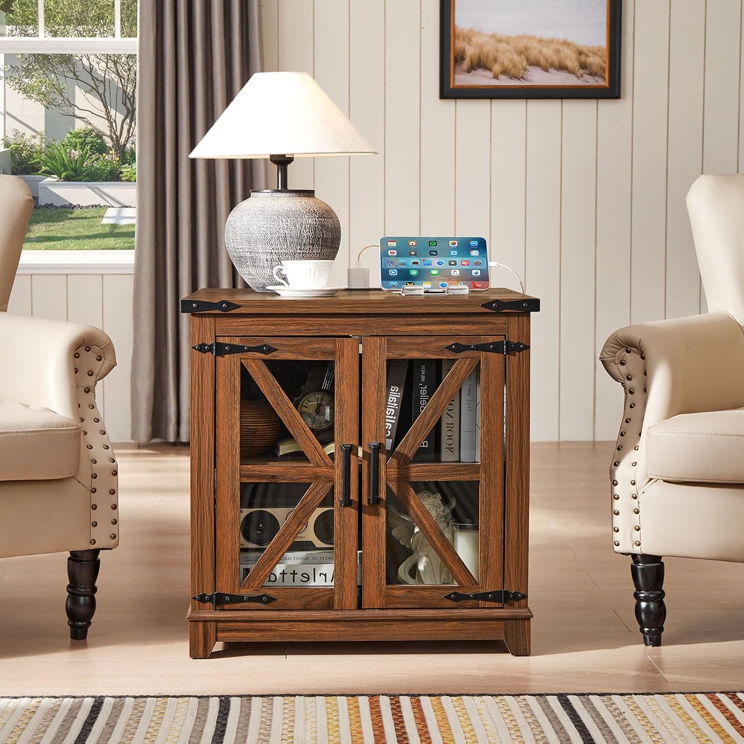 Joaxswe Farmhouse End Table,24' Large Sofa Side Table with Charging Station Glass Barn Door,Wood Nightstand with Adjustable Storage Shelf,Square Bedside Table for Living Room,Bedroom,Office-Brown