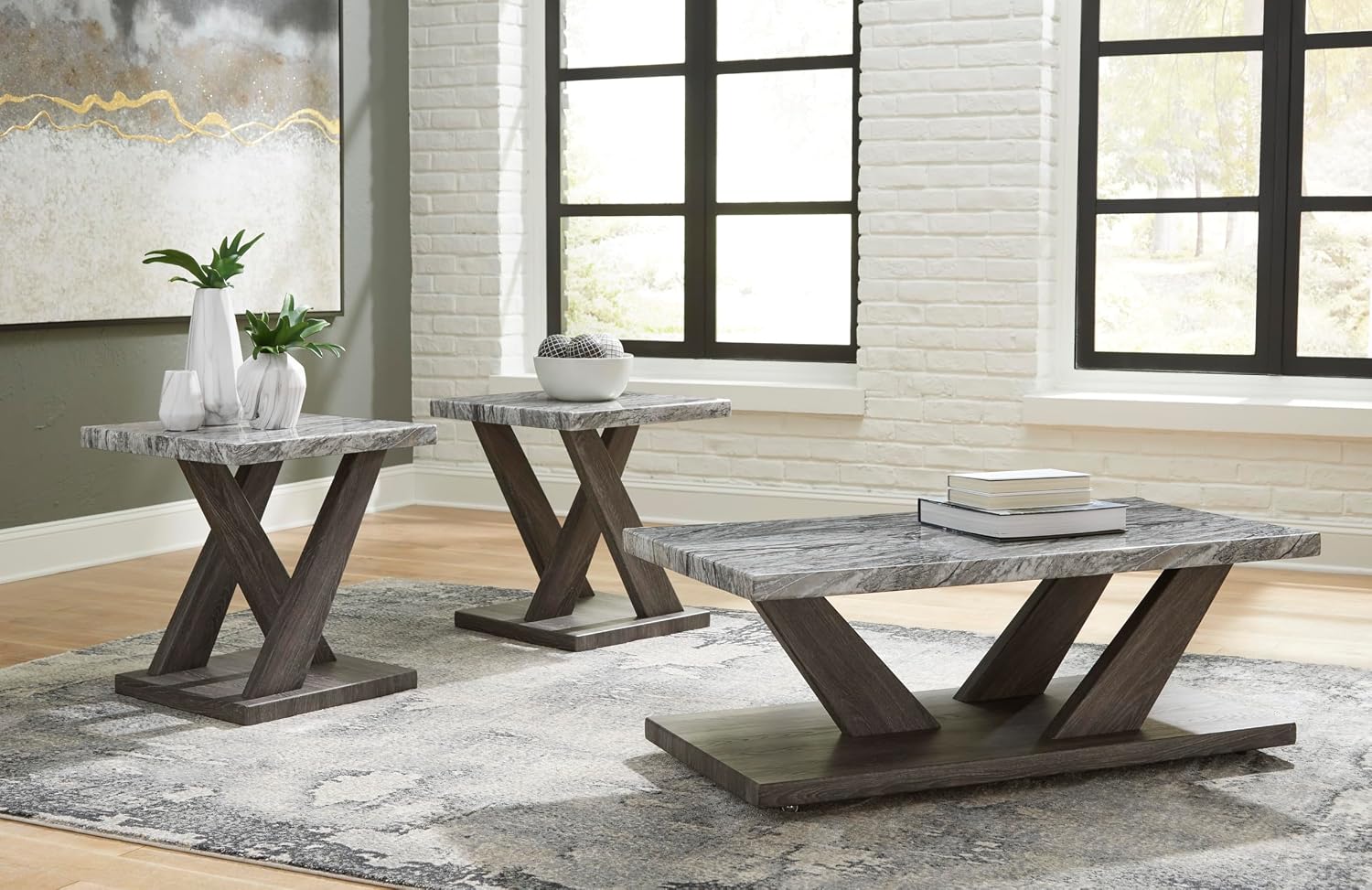 Signature Design by Ashley Bensonale Contemporary Occasional Table Set with Faux Marble Top and Casters, Set of 3, Gray & Dark Brown