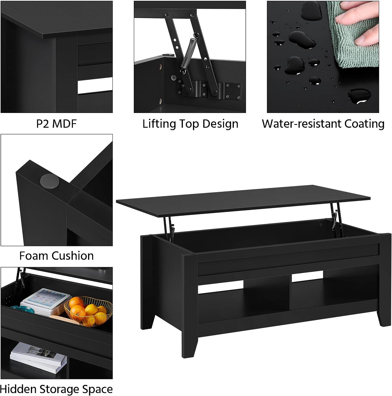 Yaheetech 47.5in Coffee Tables and 2PCS Side Tables Set, Lift Top Coffee Table with Storage and 3 Tier End Table with Storage Shelf for Living Room Black
