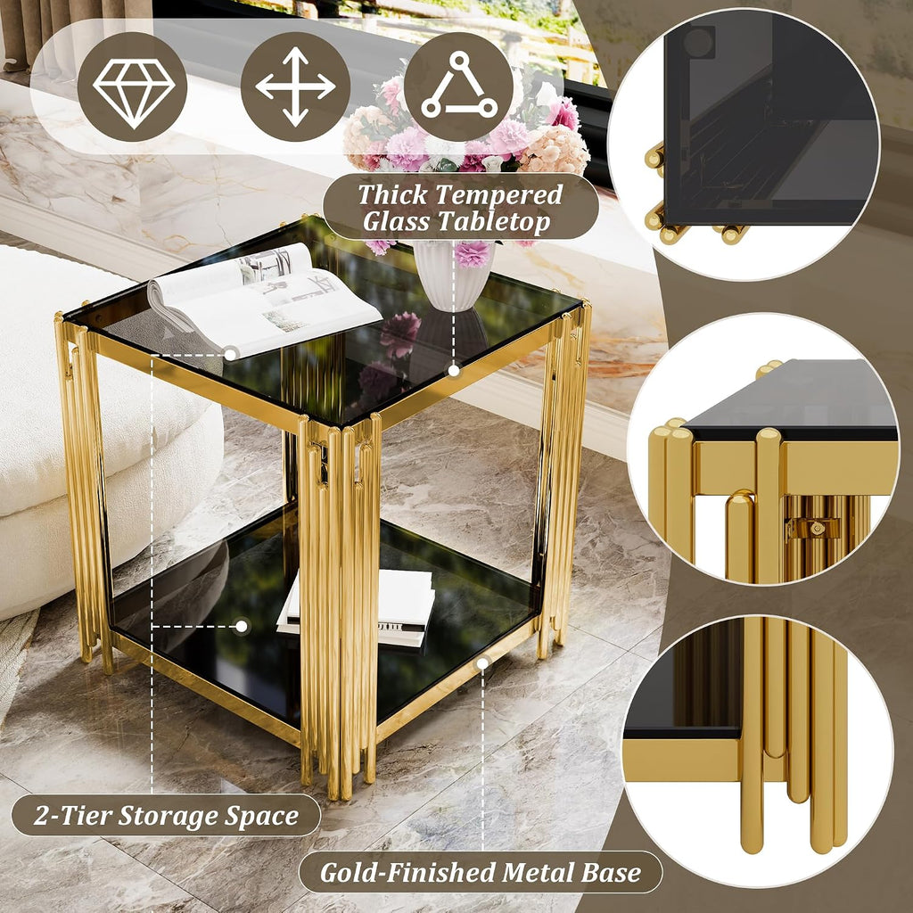 19.9'' Tempered Glass Side Tabel Square End for Living Room, 2-Tier Modern Accent Square Design, Transparent Mirror Tabletop & Metal Drum Base, Easy Assembly, Black & Gold