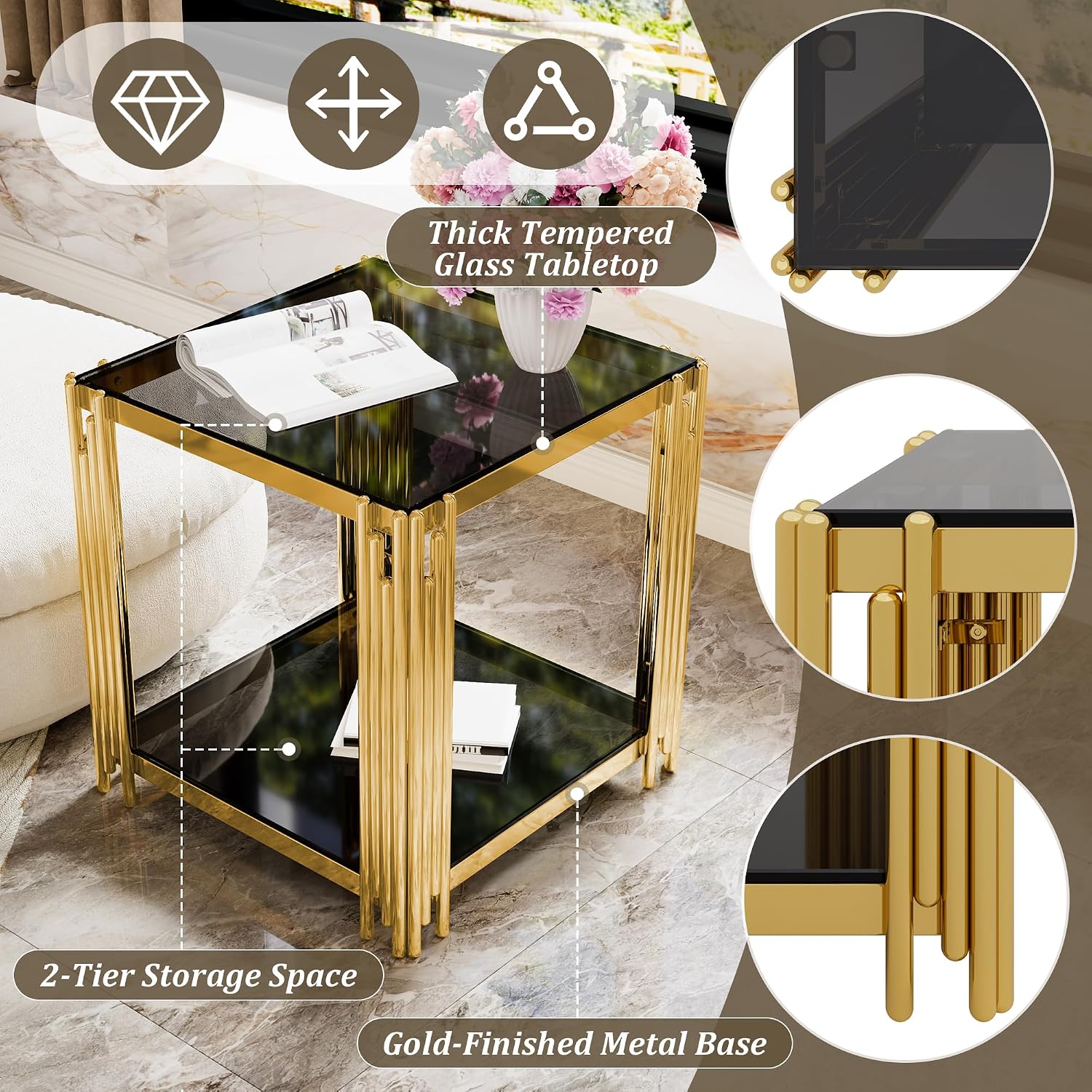 19.9'' Tempered Glass Side Tabel Square End for Living Room, 2-Tier Modern Accent Square Design, Transparent Mirror Tabletop & Metal Drum Base, Easy Assembly, Black & Gold