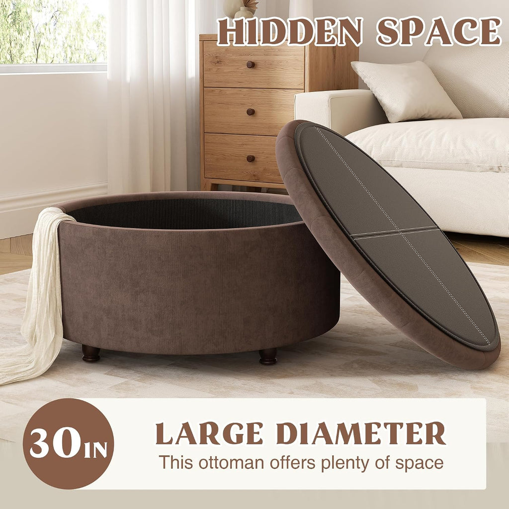 30 Inch Round Storage Ottoman,Modern Tufted Ottomans,Upholstered Large Ottoman with Storage with Removable Top Footrest Stool for Bedroom Living Room (Darkbrown)