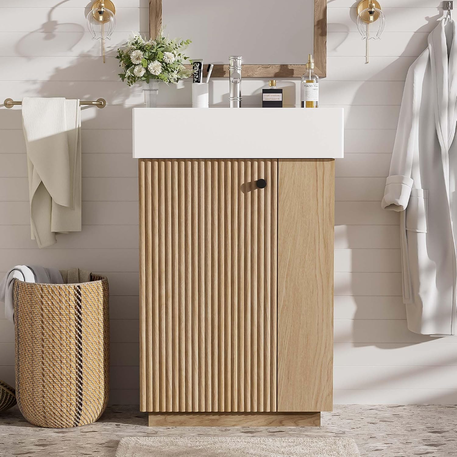 21.6' Modern Bathroom Vanity with Ceramic Sink - Freestanding Wood Grain Cabinet (MDF) with Left Door, Perfect Open/Closed Storage for Small Bathrooms!