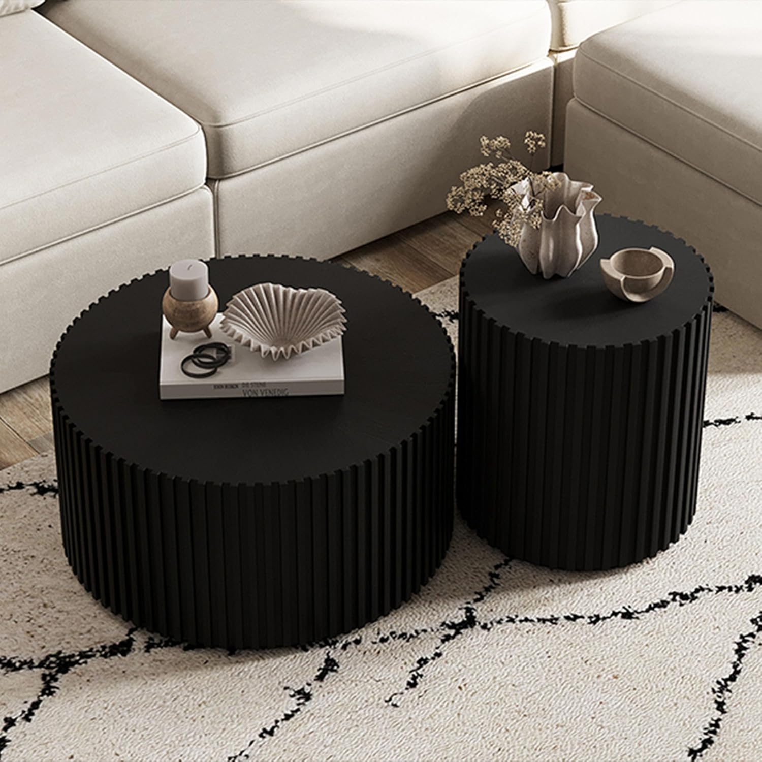 POVISON Round Coffee Side Table, Mid Century Wood End Table, Fluted Side Table for Living Room Bedroom Office, 20.08', Black